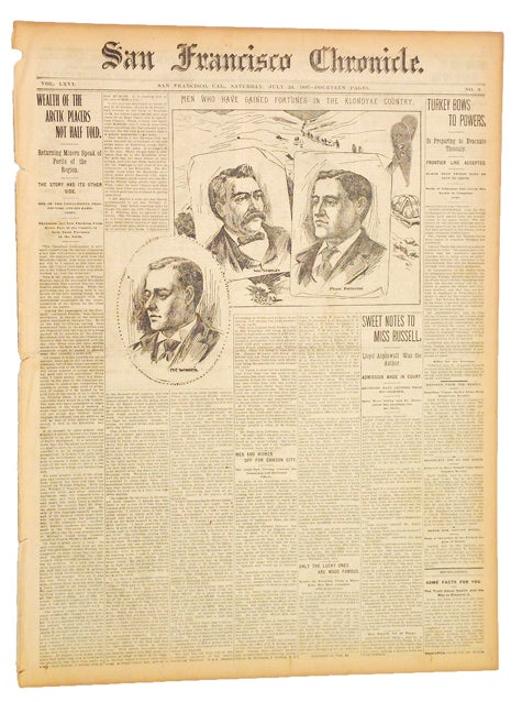 Item #1374 San Francisco Chronicle. Vol LXVI, No. 9, July 24, 1897. (Klondike, Gold Rush). M. H. de Young, Proprietor.