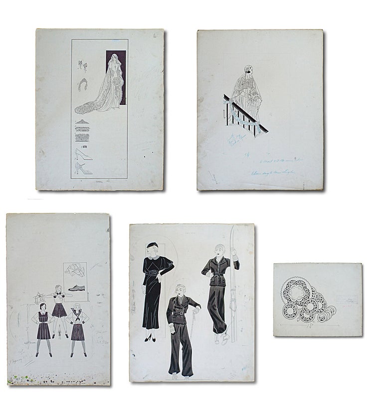 Item #1822 Collection of 5 Original 1930's Artist's Fashion Sketches (Ladies Wedding & Fashion Artwork ). Anonymous.