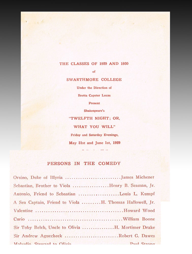 Item #2304 James A. Michener Headlines in 1929 Swarthmore Performance Program as Orsino in Shakespeare's "Twelfth Night" James A. Michener, William Shakespeare, Actor, Play.