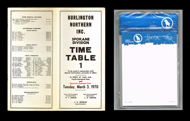 Item #2569 Burlington Northern Railway Time Table * together with * Great Northern Railway Promotional Writing Pad. Great Northern Railway / Burlington Northern Railway.