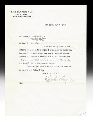 Item #2831 Letter of Introduction from Charles Hayden to J.B. Herreshoff, Jr. (TLS, New York -...