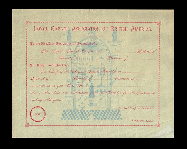 Item #2877 Royal Scarlet Letter of Introduction - Loyal Orange Association of British America (Fraternal Order). Loyal Orange Association of British America.
