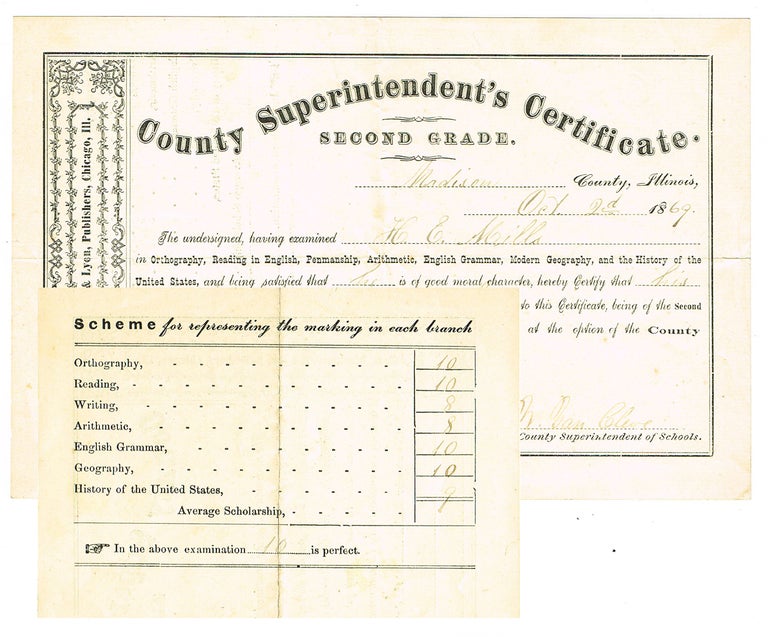 Item #2880 [Pedagogy] 1869 Madison County Superintendent's Certificate. Second Grade (Teacher's Certificate). County Superintendent of Schools.