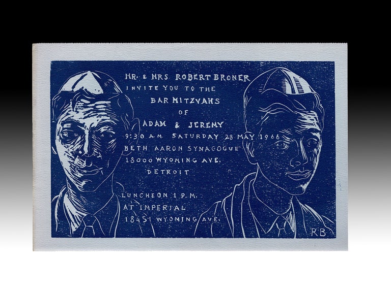 Item #3111 Robert Broner Woodcut Invitation to His Sons' Bar Mitzvahs in 1966 (Jewish Americana). Robert Broner.