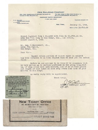 Item #3126 Erie Railroad Company Letter and Ephemera (TLS). J. F Shinn, General Passenger Agent