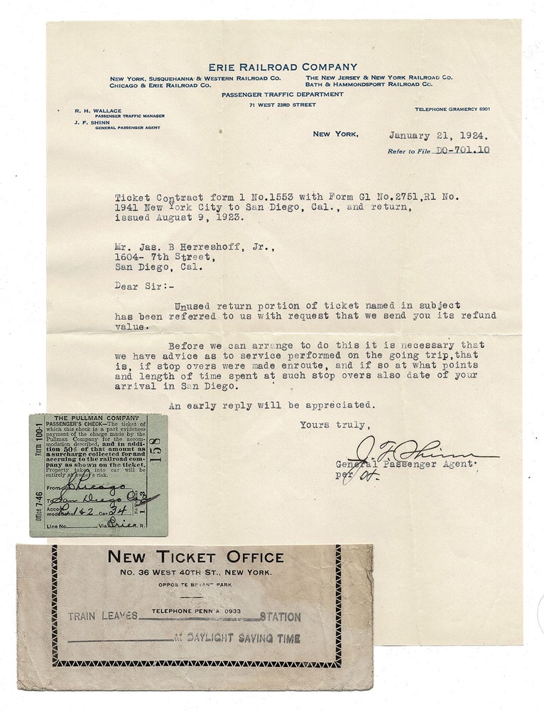 Item #3126 Erie Railroad Company Letter and Ephemera (TLS). J. F. Shinn, General Passenger Agent.