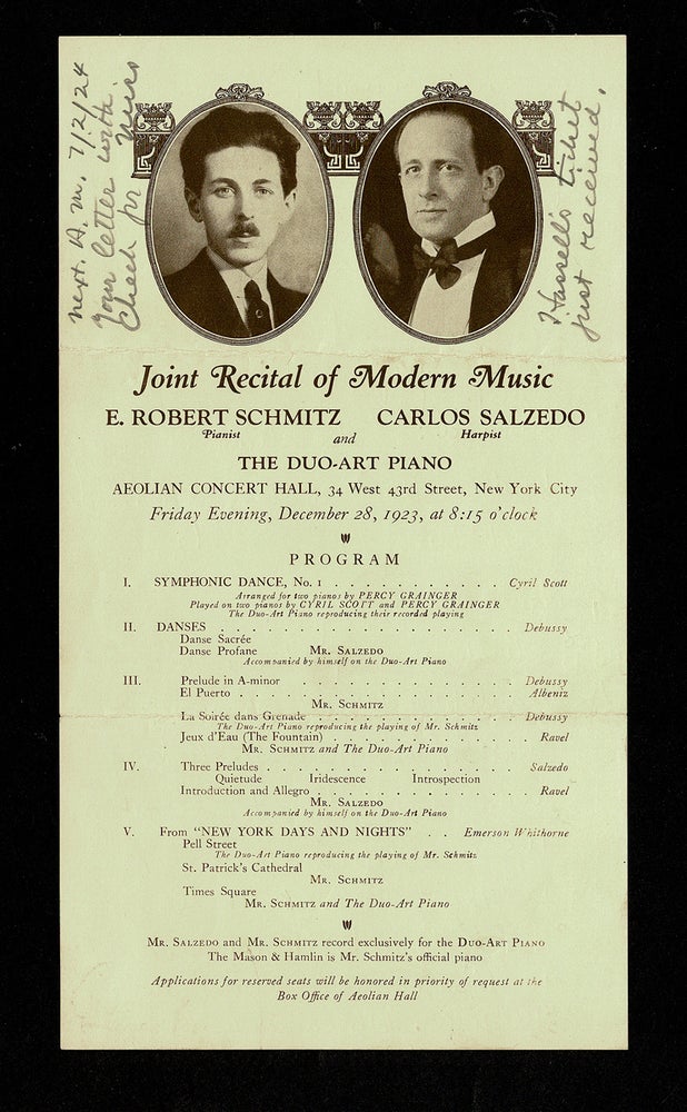 Item #3232 [Lillian Wald Interest - Debussy & Ravel] 1923 Joint Recital of Modern Music at the Aeolian Concert Hall : E. Robert Schmitz - Pianist ; Carlos Salzedo - Harpist. Aeolian Concert Hall.