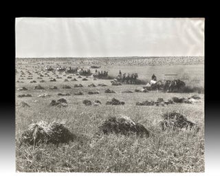 Item #3454 Mammoth Size Photo of Eight Horse-Drawn Threshing Machines Harvesting a Prairie Field....