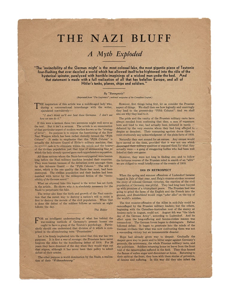 Item #3456 (Fifth Column) The Nazi Bluff : A Myth Exploded. "Runnymede", Pseud.