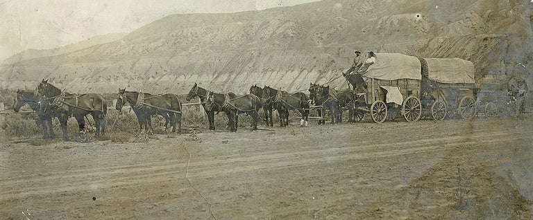 Item #3624 1912 Photograph of 10 Horse Team and 3 Wagon Freight Train in the Cariboo-Chilcotin. J E. W., Jarvis E. Weed?