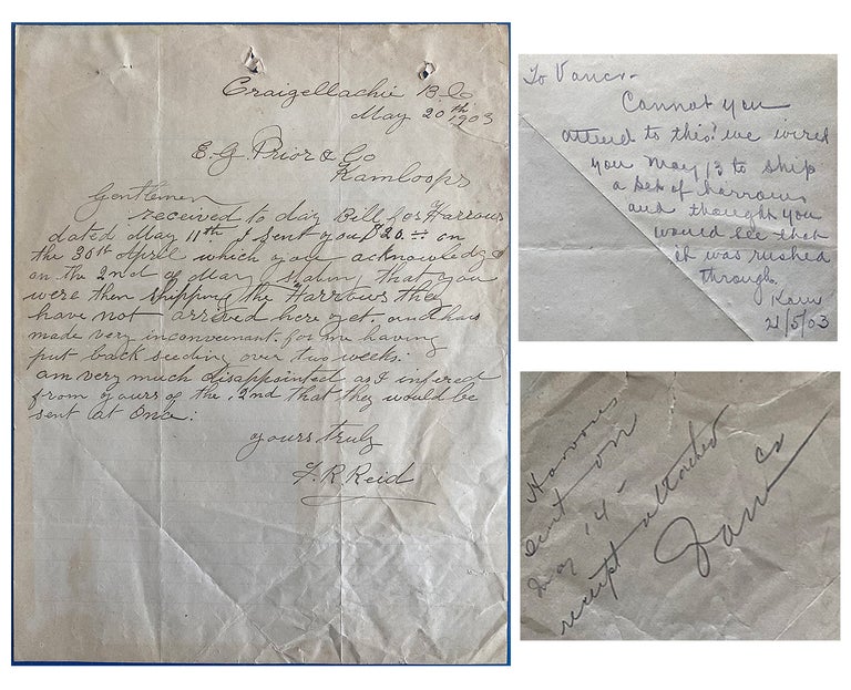 Item #3677 [ALS, CPR] 1903 Autograph Manuscript Letter Signed from a Frontier Farmer in Craigellachie, B.C. F. R. Reid.