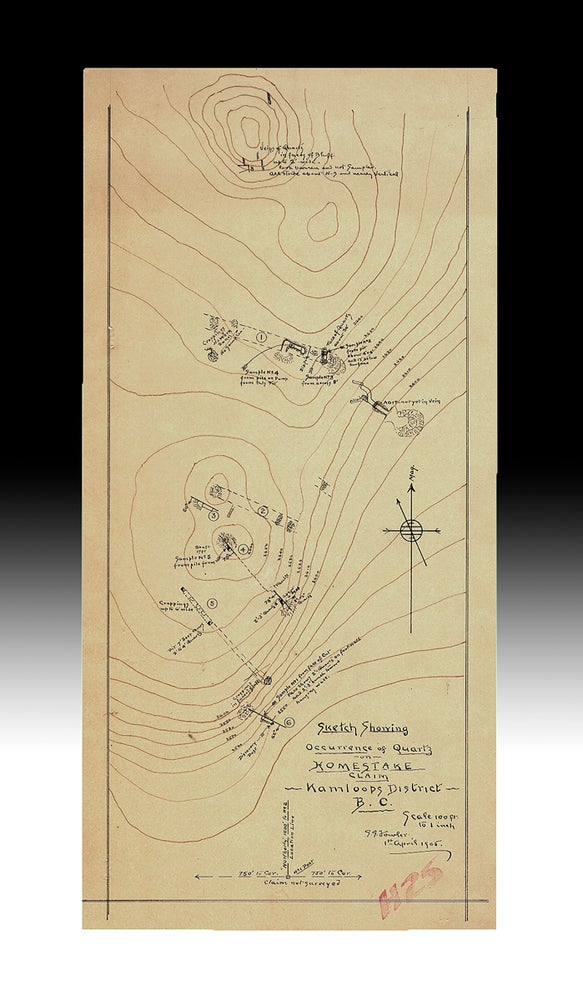 Item #3775 [Kamloops Gold Mine] Sketch Showing Location of Homestake Mineral Claim - 1895 ; Sketch Showing Occurrence of Quartz on Homestake Claim Kamloops District B.C. - 1905. G. G. Fowler.