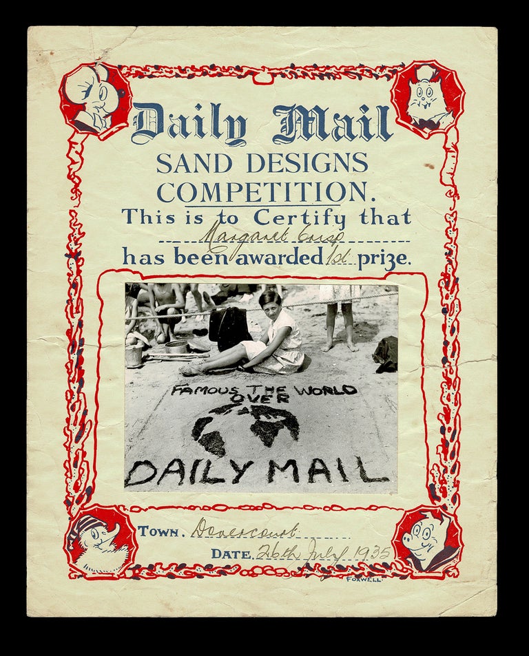 Item #3784 [Teddy Tail] First Prize Certificate from the 1935 Daily Mail * Sand Designs Competition * in Dovercourt, England. Herbert Foxwell / Daily Mail, UK.
