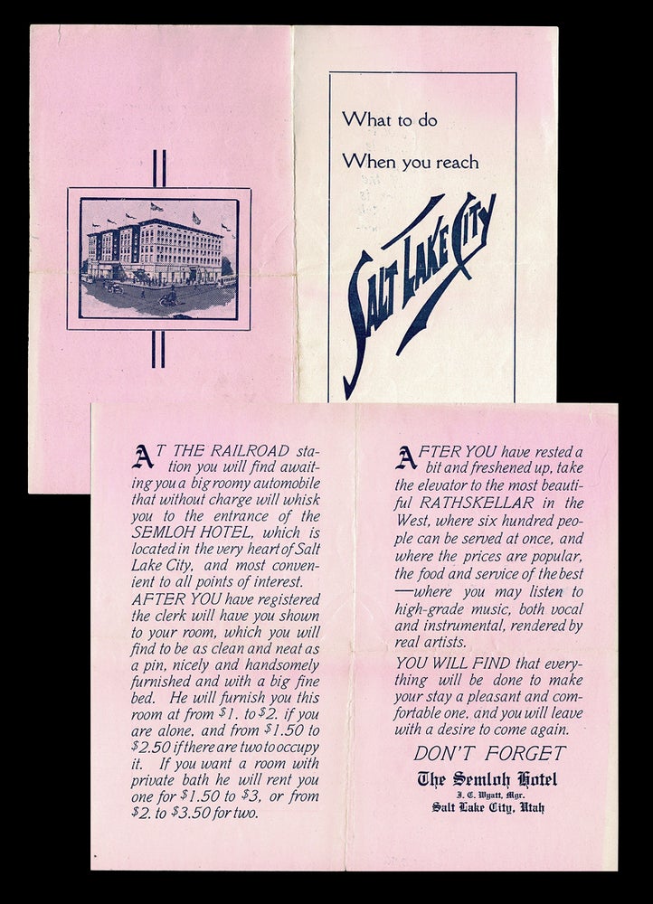 Item #3887 Small Handbill from The Semloh Hotel in Salt Lake City, Utah. The Semloh Hotel.