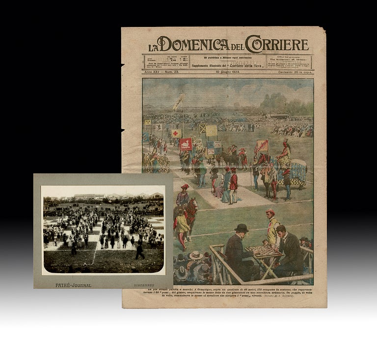 Item #3932 Photograph of the Famous 1923 Chess Game Played with Living Pieces in Compiègne, France * together with * Italian Newspaper "La Domenica del Corriere" Reporting the Chess Game. Edouard Pape, André Muffang, Chess Players.