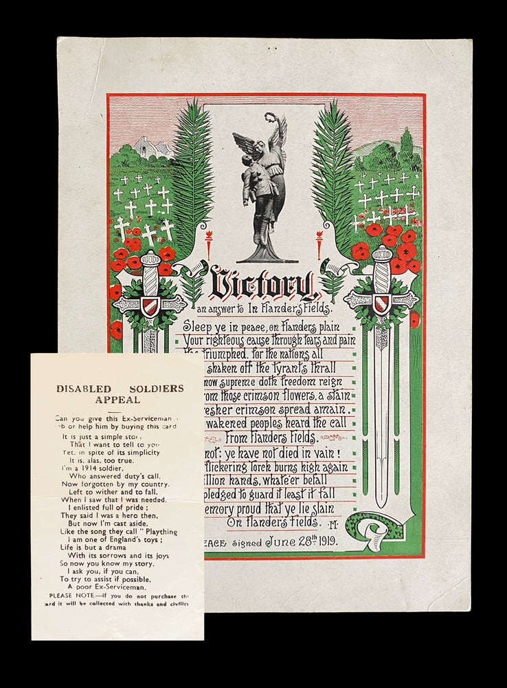 Item #3968 [In Flanders Fields] Veteran's Mendicant Palm Card * together with * McCrea Reply Poem "Victory, An Answer to In Flander's Fields" Lieut.-Col. John and Anonymous McCrea, an answer to In Flander's Fields" by "M" "Victory.