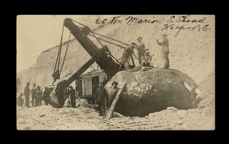 Item #4026 [Ghost Town] Early 1900's Photograph of 4 Men Hand-Drilling a Monster Boulder Alongside a 60 Ton Marion Railway Steam Shovel at Keefer, B.C. in the Fraser Canyon. Unknown Photographer.