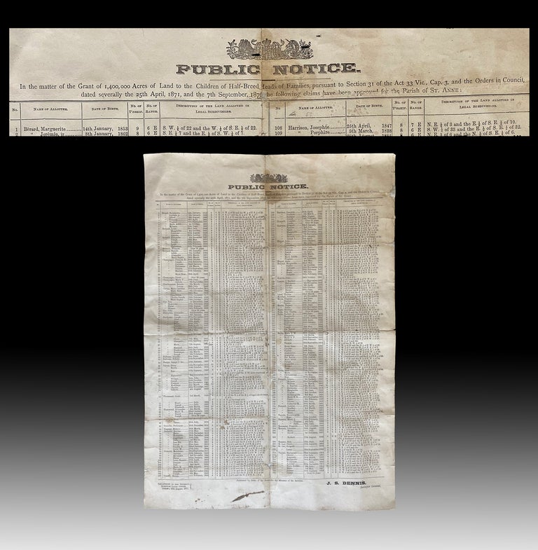 Item #4052 [Métis / Prairie Land Claims] 1877 Public Notice Broadside Announcing Land Grants to the Children of Half-Breed Heads of Families. J. S. - Surveyor General DENNIS.