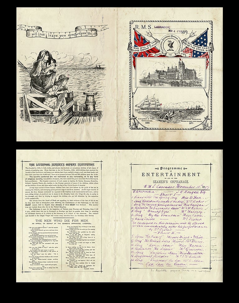 Item #4105 [RMS Labrador, Dominion Steamship] 1897 Entertainment Programme in Aid of the Seamen's Orphanage, Dinner Menu & Passenger List. Dominion Line / Seamen's Orphanage.