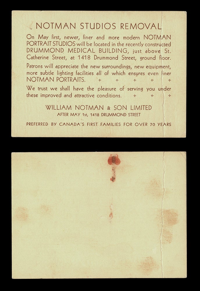 Item #4128 1930 "Notman Studios Removal" Card. Notman Studios.