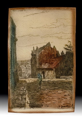Item #4138 Circa 1920s Hand-Colored Parisian Etching of Street Scene. Georges Gremillet