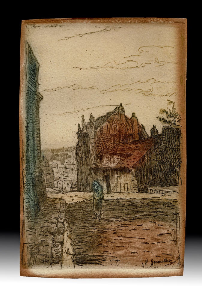 Item #4138 Circa 1920s Hand-Colored Parisian Etching of Street Scene. Georges Gremillet.