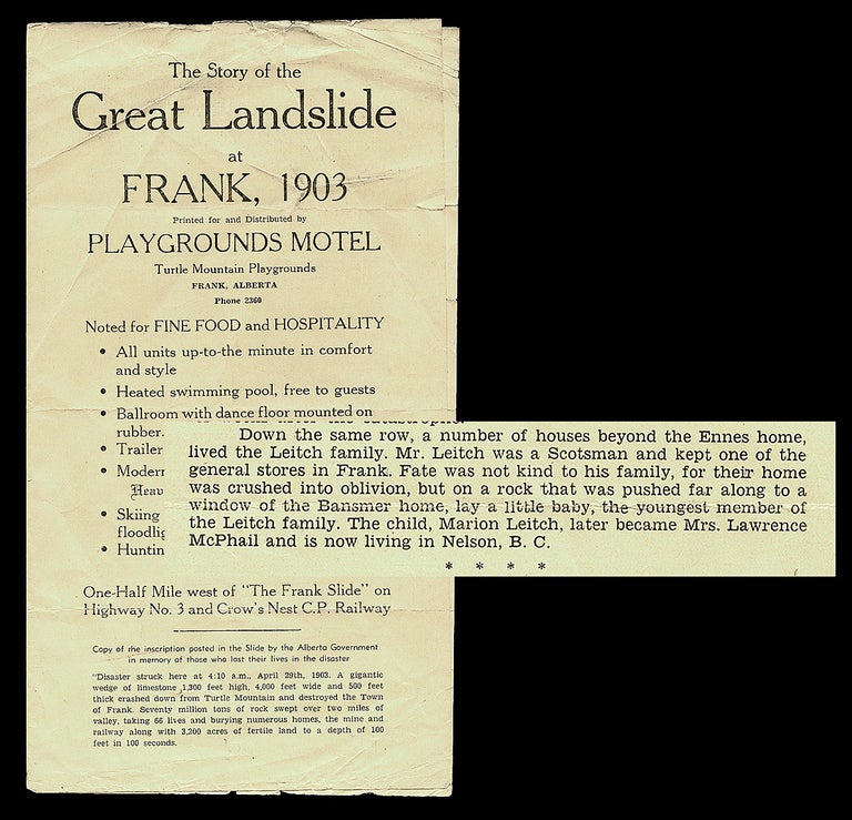 Item #4199 The Great Landslide at Frank, Alberta 1903 - Advertising Pamphlet from the Playgrounds Motel. Playgrounds Motel.