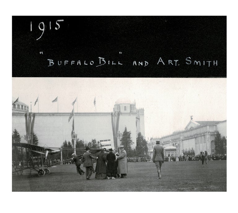 Item #4250 Photo of Buffalo Bill Cody & Aviator Art Smith w. Pusher Biplane at 1915 San Francisco Pan-Pacific Exhibition. Unknown Photographer.