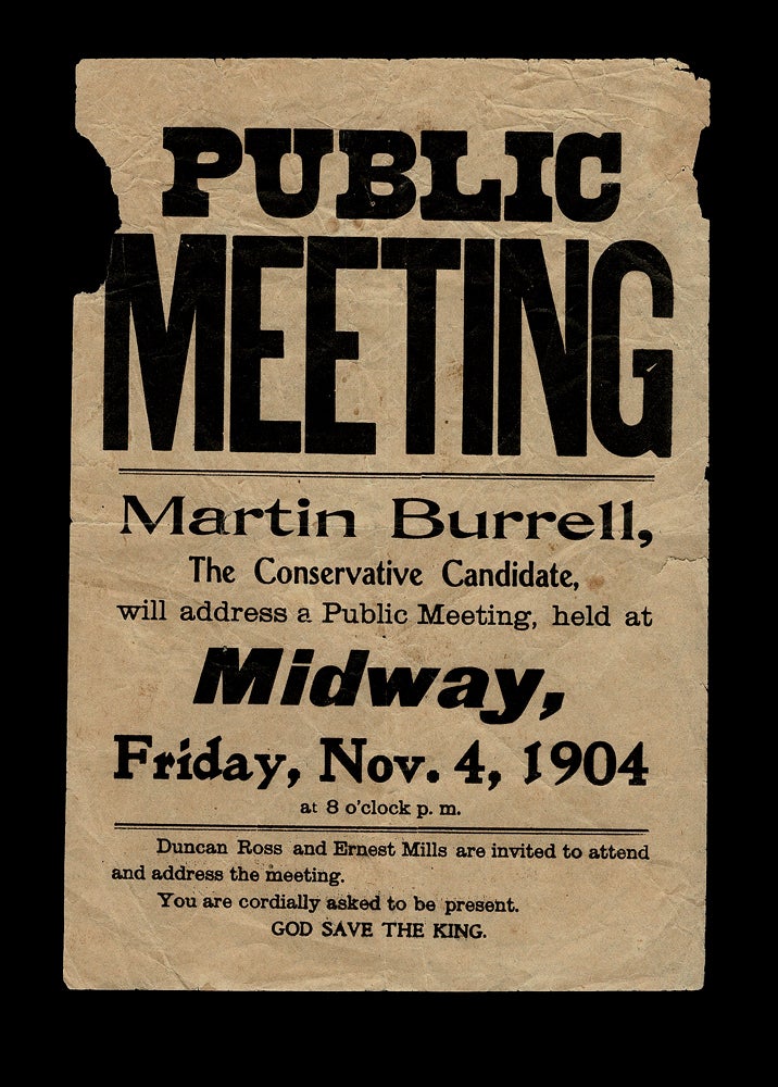 Item #4302 [Kootenay-Boundary] 1904 Handbill Announcing a Public Meeting in Midway, B.C. Martin BURRELL.