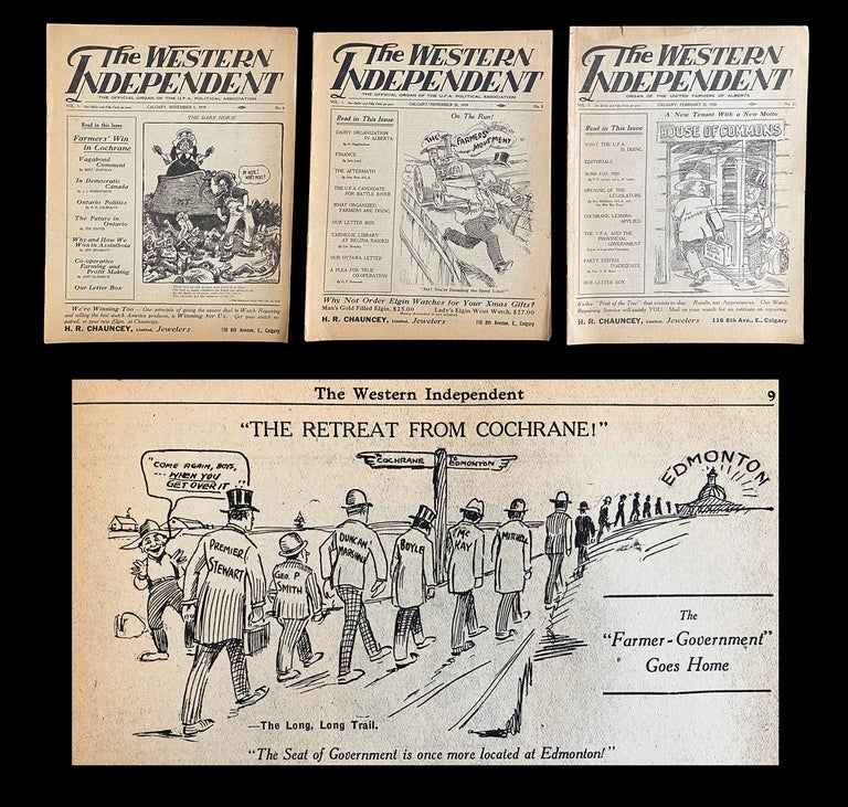 Item #4337 [Political Cartoons, Prairies] 3 Issues of The Western Independent (Alberta Non-Partisan League). Wm. IRVINE, Louise McKinney.