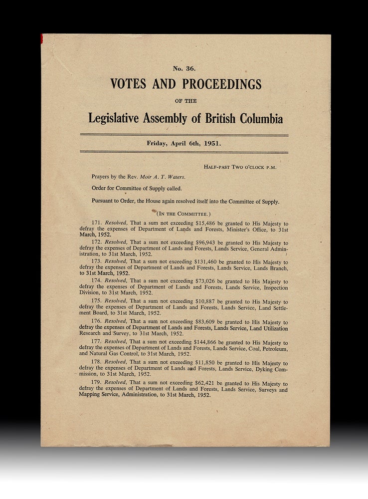 Item #4379 [ Women's Rights] 1951 : Votes and Proceedings of the Legislative Assembly of British Columbia. No. 36. Nancy HODGES, as Speaker of the Legislative Assembly.