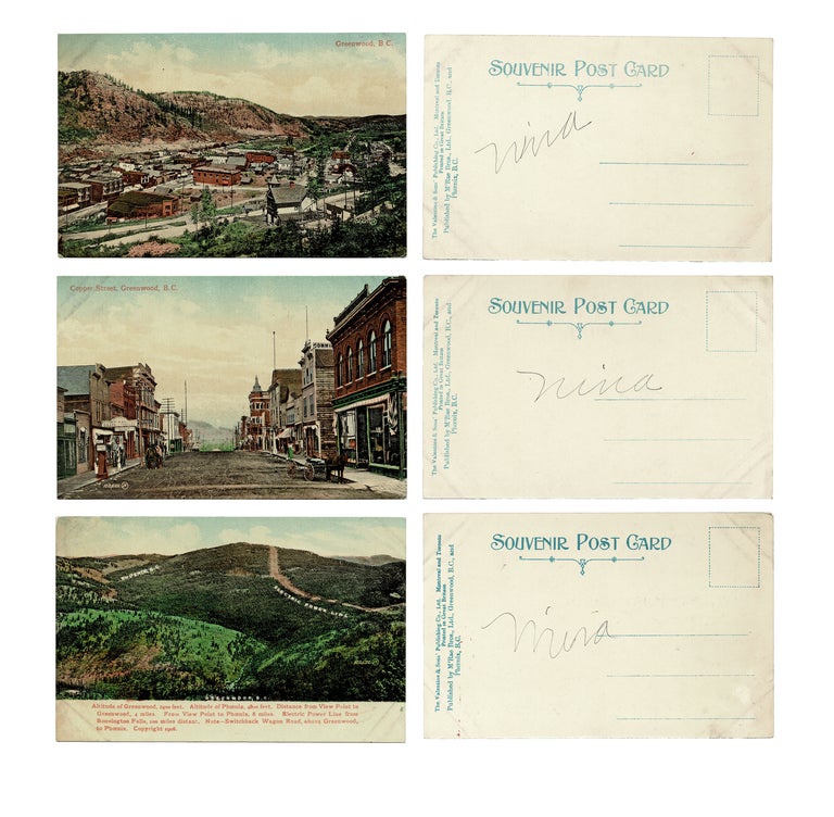 Item #4383 [Kootenay-Boundary] [Ghost Town] Greenwood & Phoenix, B.C. Birds-Eye & Street View Color Litho Postcards. McRAE Bros. Ltd.