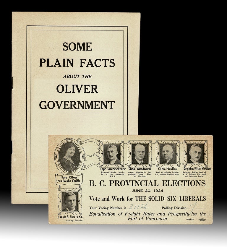 Item #4385 [Women's Suffrage] 1924 B.C. Polling Station Palm Card * together with * "Some Plain Facts About the Oliver Government" The Provincial Liberal Association.