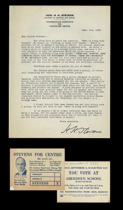 Item #4387 [Vancouver, BC] Palm Card & Promotional Form Letter for Conservative Candidate in 1926...