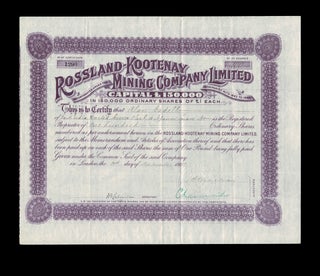 Item #4400 [Kootenay] 1902 Rossland-Kootenay Mining Co. Ltd. Share Certificate. Rossland-Kootenay...