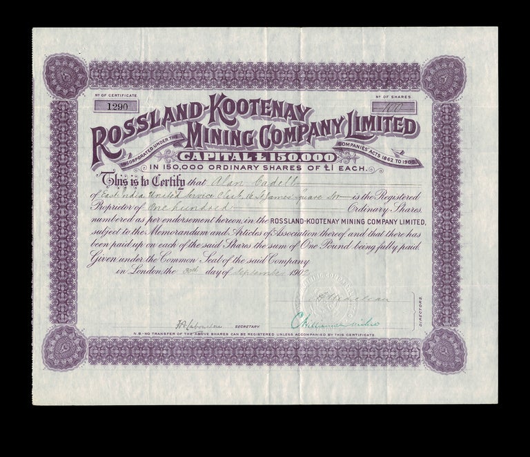 Item #4400 [Kootenay] 1902 Rossland-Kootenay Mining Co. Ltd. Share Certificate. Rossland-Kootenay Mining Co. Ltd.