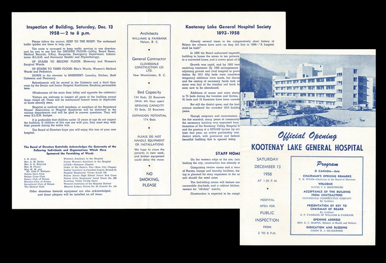 Item #4407 [Kootenay] Program for the Official Opening of Kootenay Lake Hospital in 1958. President, Chairman of the Board.