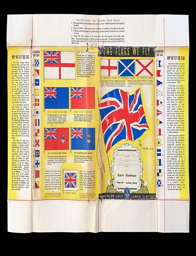 Item #4539 [Vexillology] [Advertising] Flag Themed Wraparound Promotional Dust Jacket from Lacombe, Alberta. Kerr Hardware, Canadian Laco Lamps.