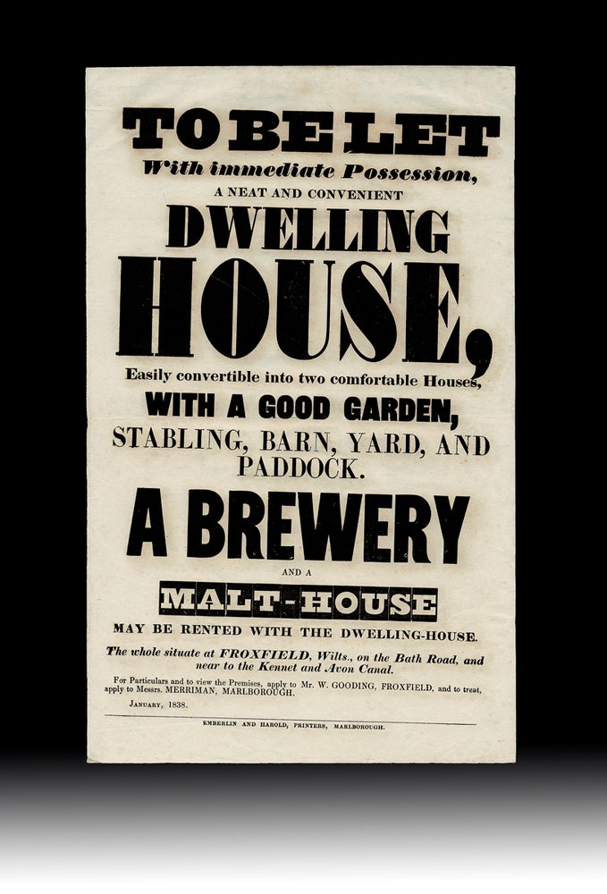 Item #4655 [Breweriania] 1838 Brewery & Malt-House "To Be Let" Letterpress Broadside. W. GOODING, Messrs. Merriman.