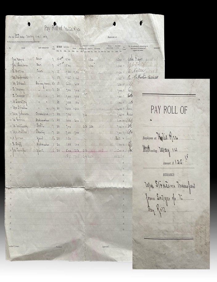 Item #4669 [Kootenay] 1899 Payroll Sheet of the Hotel Reco in Sandon, British Columbia. Hotel Reco, J M. Harris.