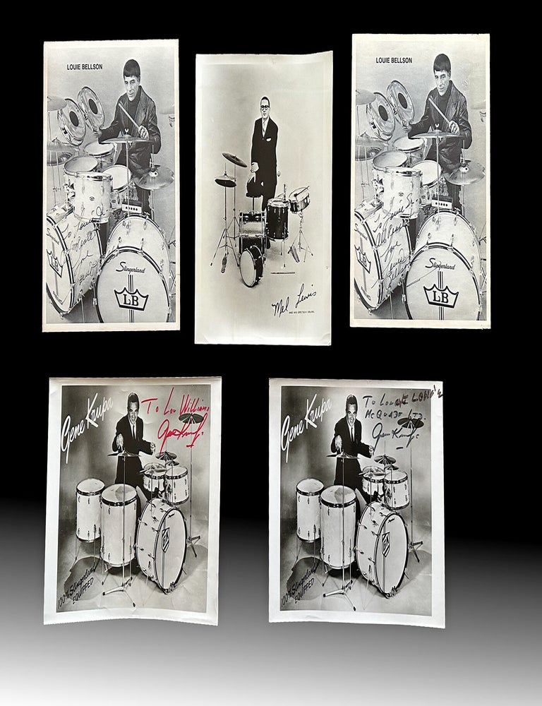Item #4900 [Krupa, Bellson & Lewis] Jazz Drummer Photos Inscribed to Lou Williams & Long & McQuade Ltd. Gene KRUPA, Louie Bellson, Mel Lewis, Jazz Drummers.