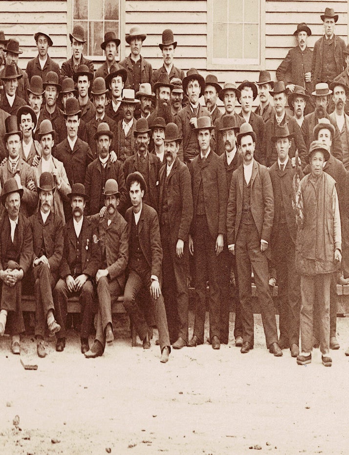 Item #5614 [Chinese, Seattle] Photo of Large Group of Men at Port Gamble, Washington Territory c. 1880s. Theodore E. PEISER.